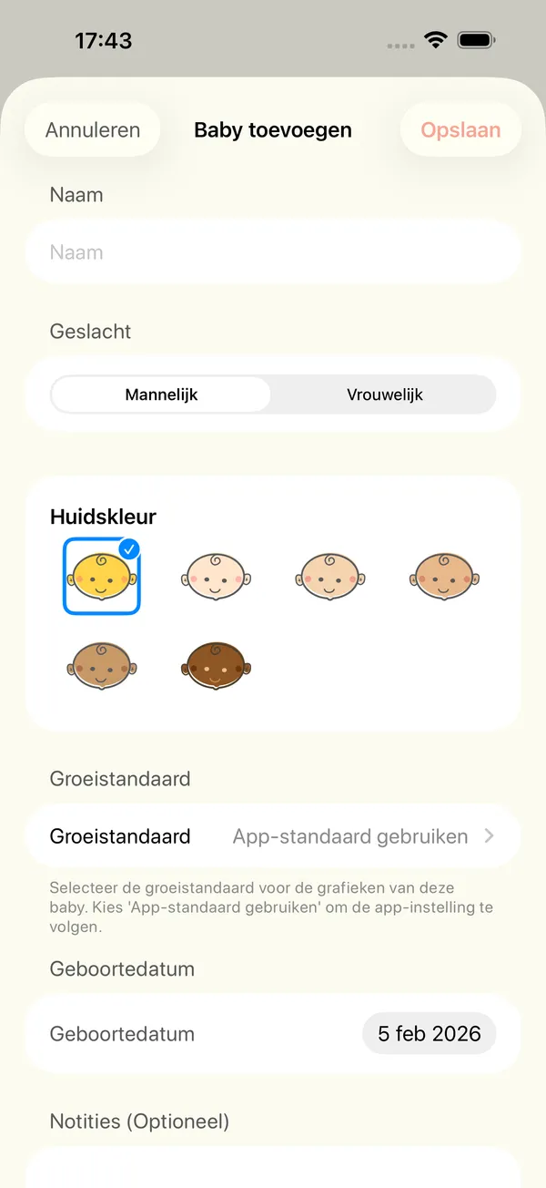 Het formulier voor een nieuwe baby met naam, geslacht, huidskleur en groeistandaard