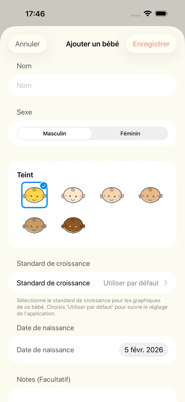 Le formulaire d'ajout d'un bébé avec nom, sexe, teint et norme de croissance
