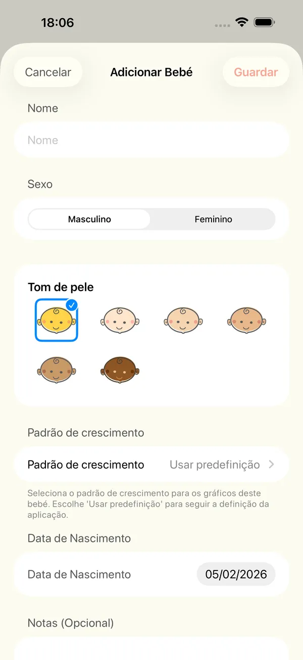 O formulário para adicionar um bebé com nome, sexo, tom de pele e padrão de crescimento