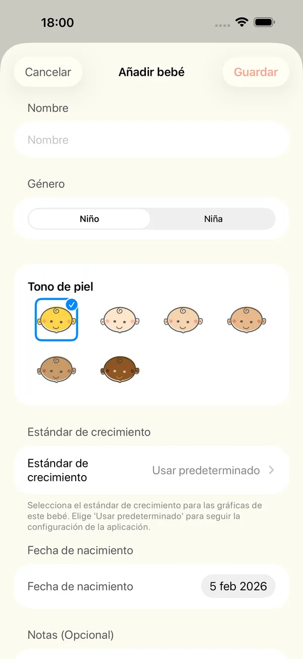 El formulario para añadir un bebé con nombre, sexo, tono de piel y estándar de crecimiento