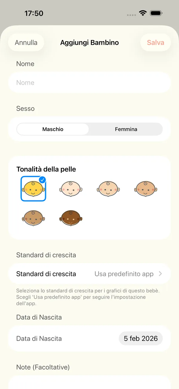 Il modulo per aggiungere un bambino con nome, sesso, carnagione e standard di crescita