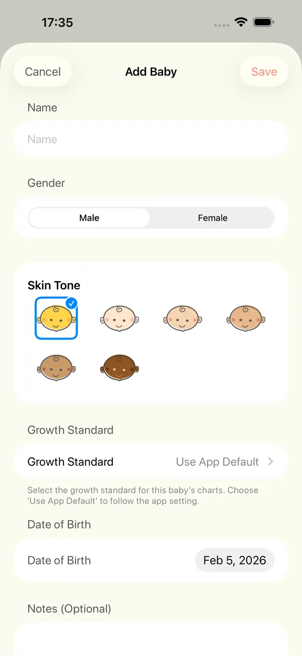 The form to add a baby with name, gender, skin tone and growth standard