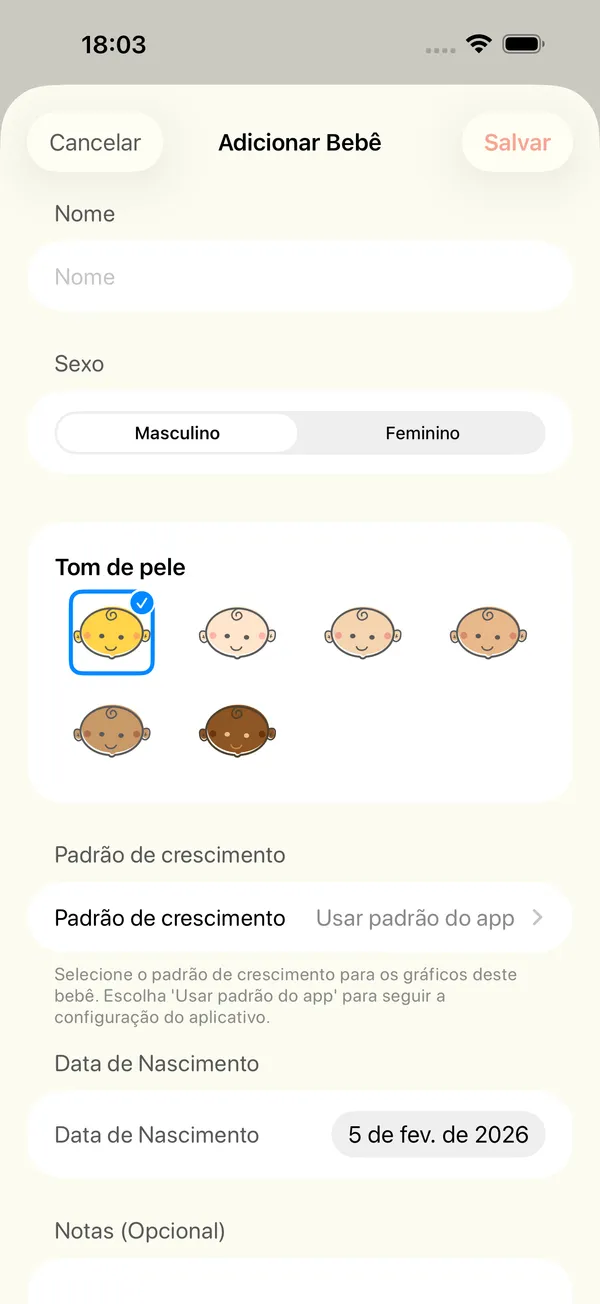 O formulário para adicionar um bebê com nome, sexo, tom de pele e padrão de crescimento