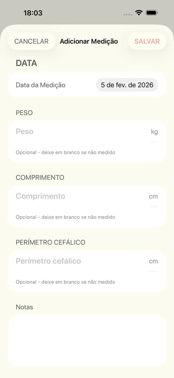 O formulário para adicionar uma medição de peso, comprimento e perímetro cefálico