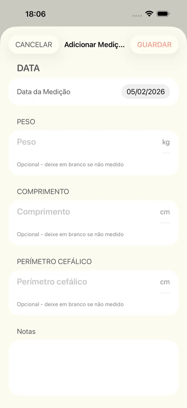 O formulário para adicionar uma medição de peso, comprimento e perímetro cefálico