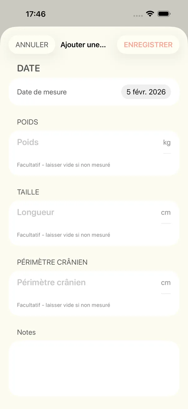 Le formulaire d'ajout d'une mesure de poids, de taille et de périmètre crânien