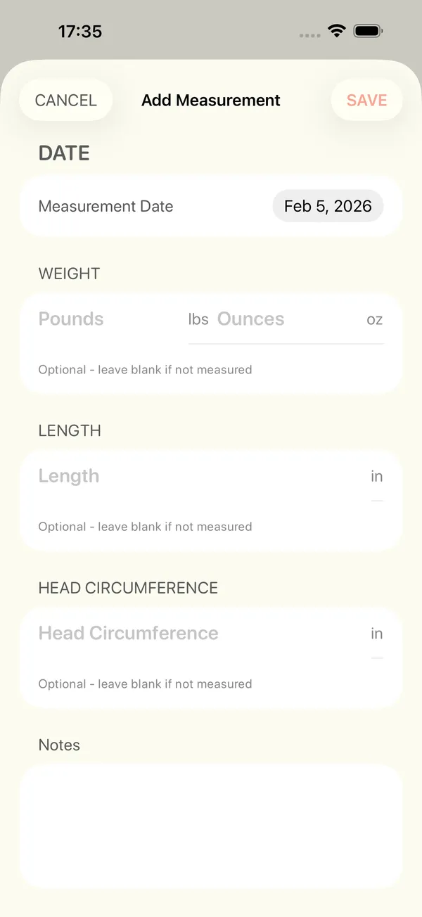 The form to add a measurement of weight, length and head circumference