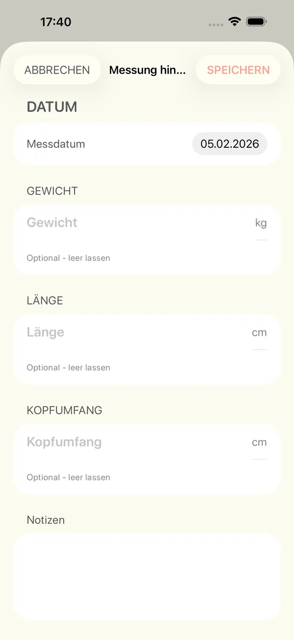 Das Formular für eine neue Messung von Gewicht, Länge und Kopfumfang