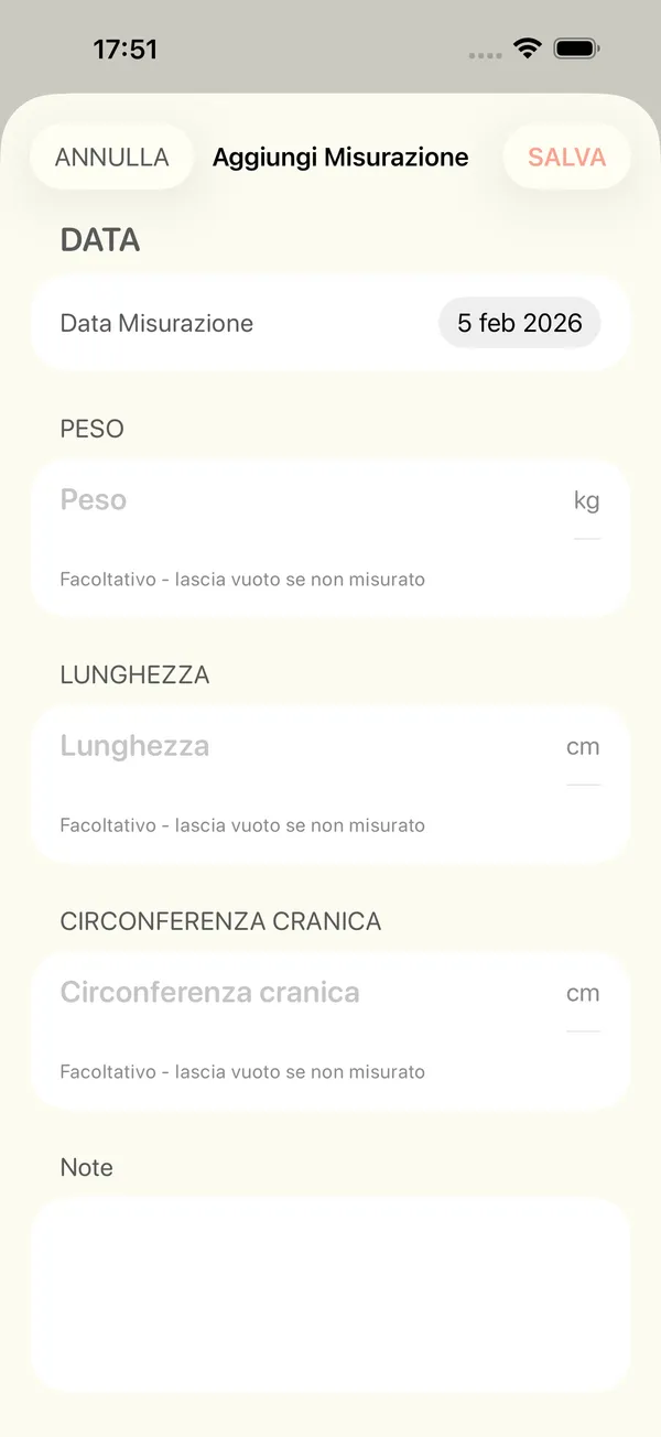 Il modulo per aggiungere una misurazione di peso, lunghezza e circonferenza cranica