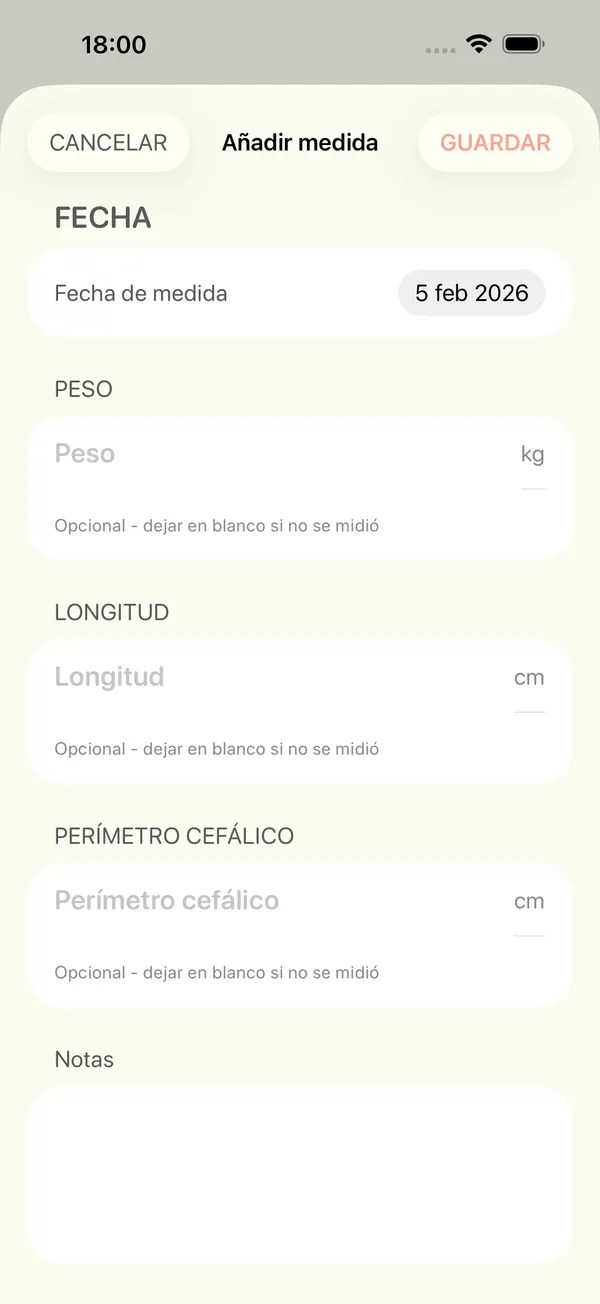 El formulario para añadir una medición de peso, longitud y perímetro cefálico
