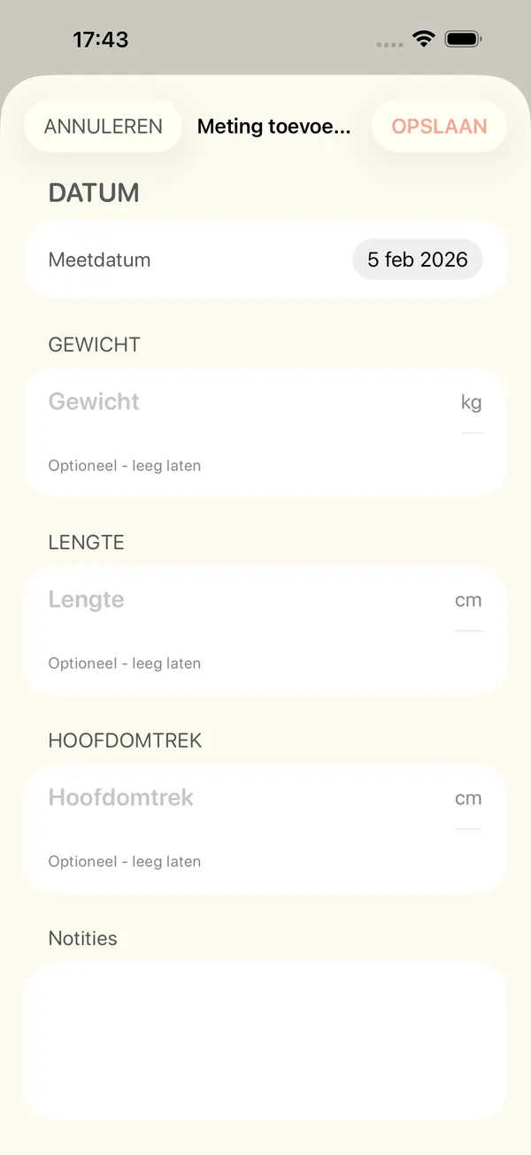 Het formulier voor een nieuwe meting van gewicht, lengte en hoofdomtrek