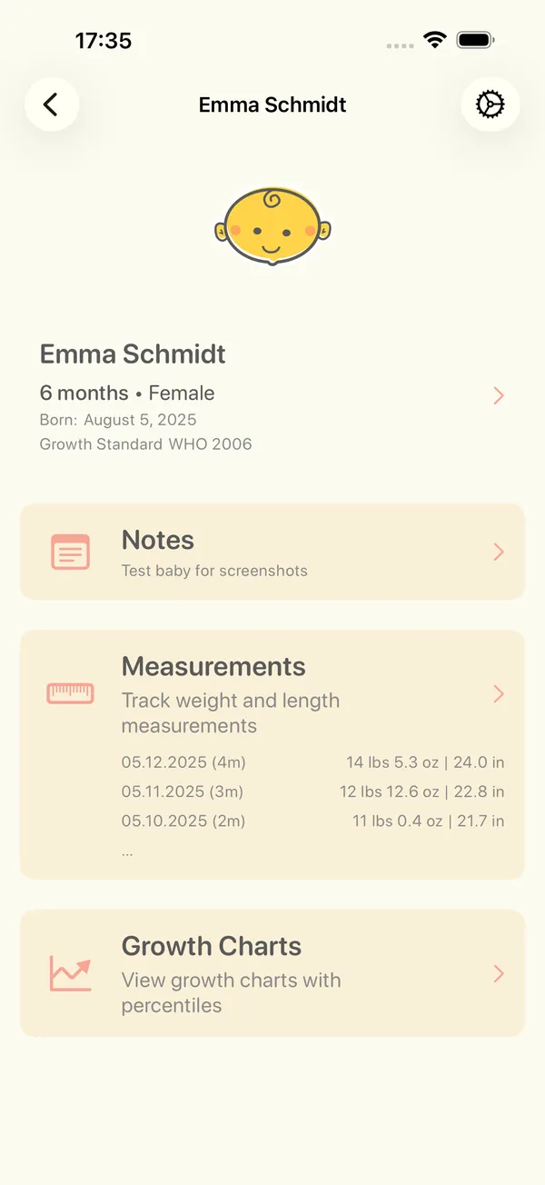 A baby's page with notes, measurements and growth charts