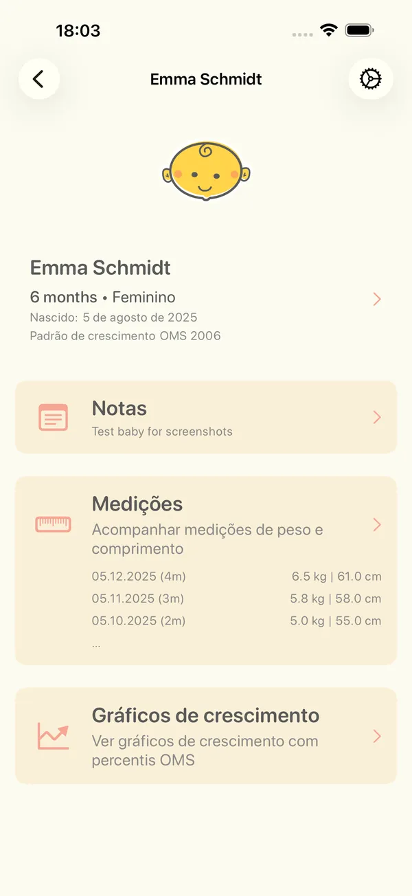 A página de um bebê com notas, medições e gráficos de crescimento