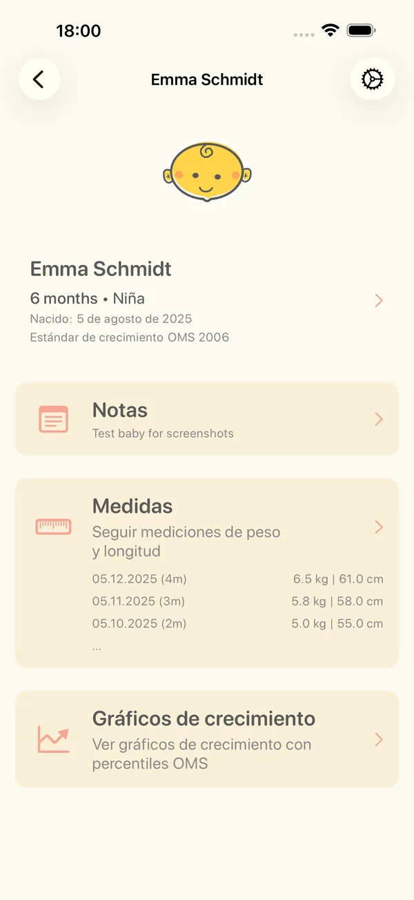 La página de un bebé con notas, mediciones y gráficas de crecimiento