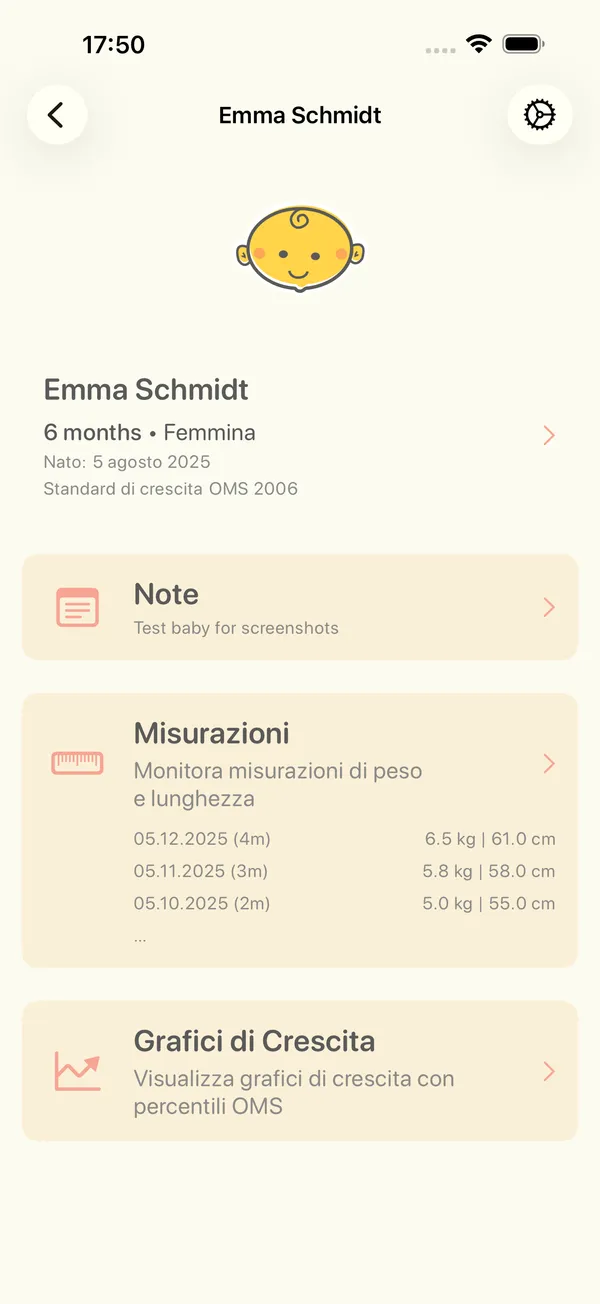 La pagina di un bambino con note, misurazioni e grafici di crescita