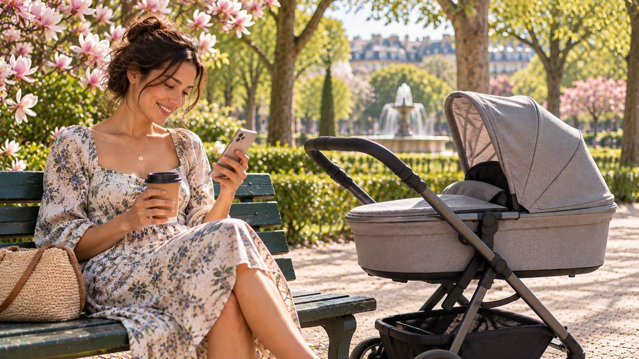 Un parent sur un banc de parc avec une poussette, regardant son téléphone