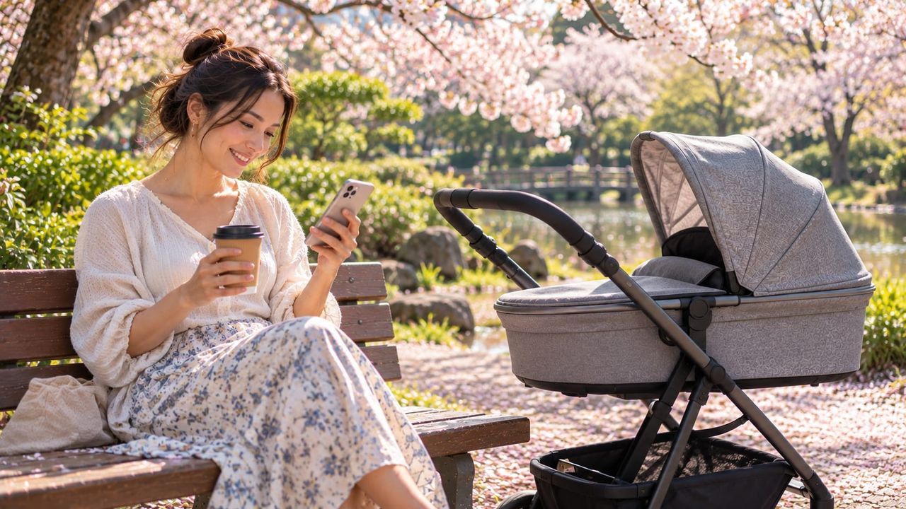 公園のベンチでベビーカーのそばに座り、スマートフォンを見る親