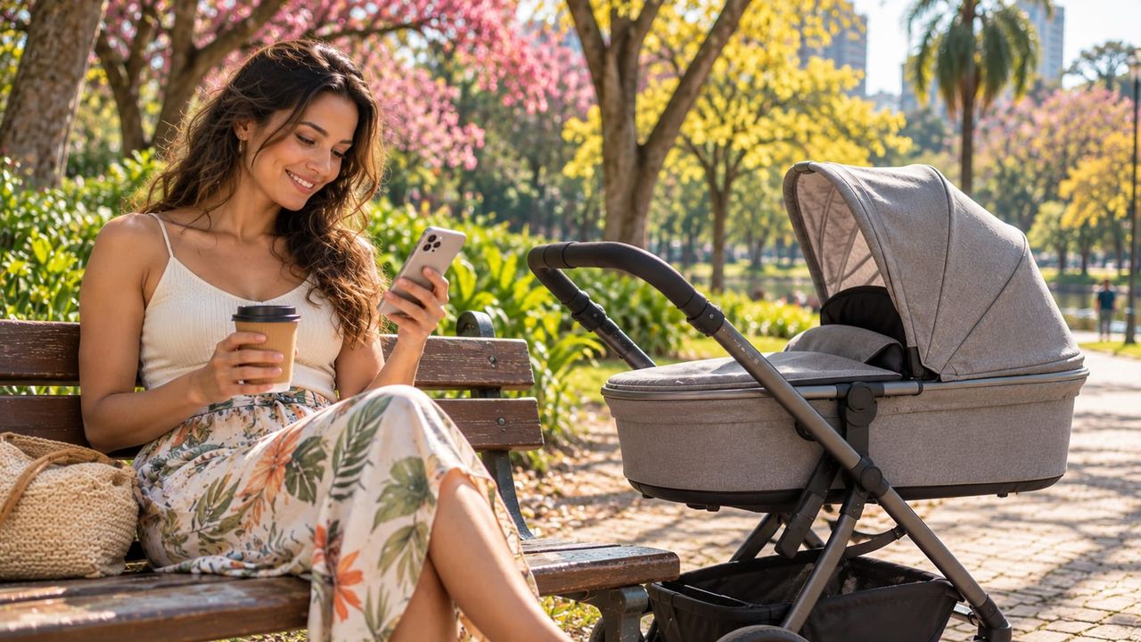 Uma mãe ou um pai num banco de praça com um carrinho de bebê, olhando o celular